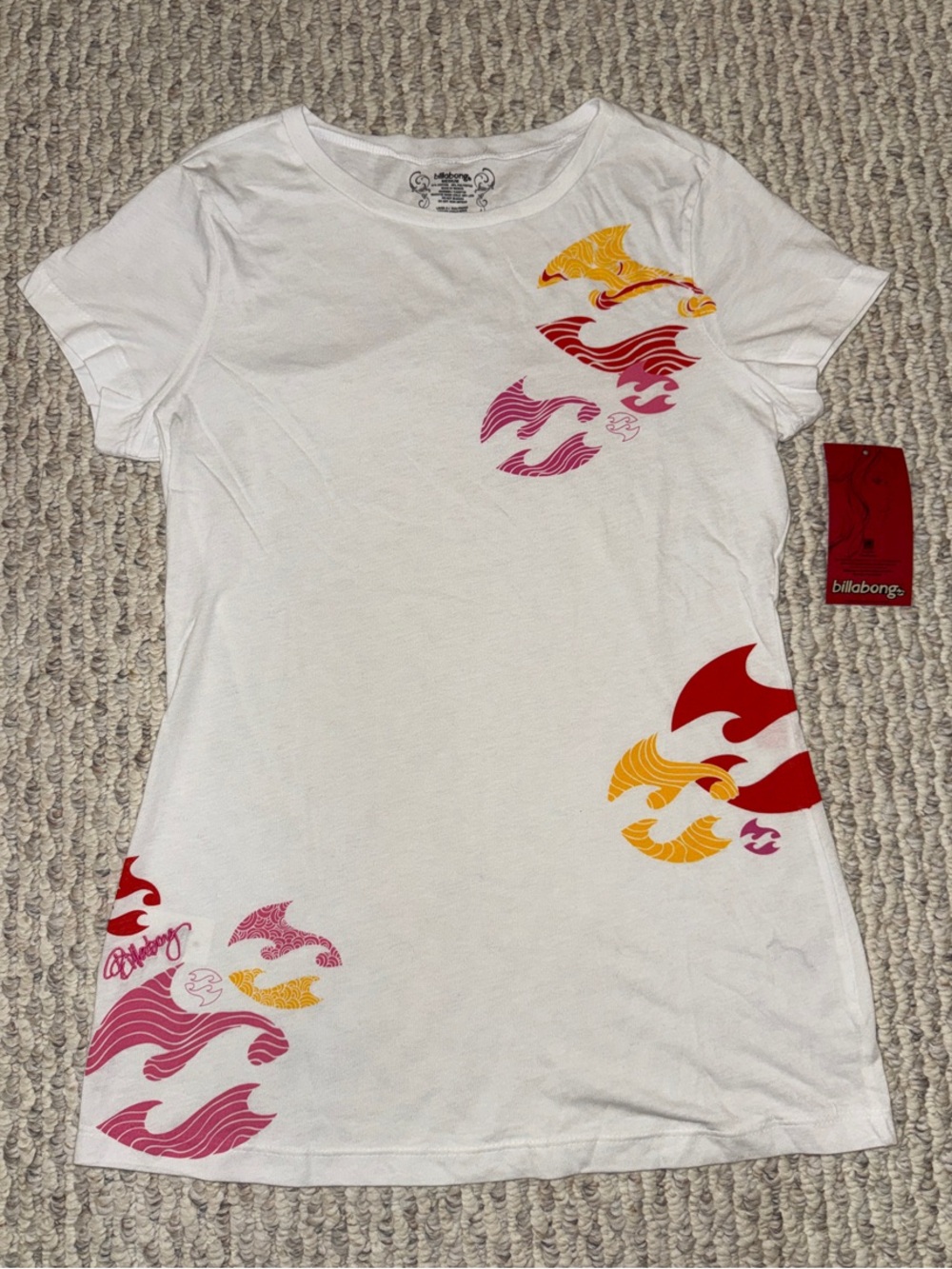 Billabong White Short Sleeve Tee with Red, Pink and Yellow Wave Graphics
